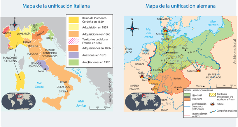 Mapa de las unificaciones italiana y alemana en el siglo XIX. Fuente: Libro 1° medio (2026), Editorial Santillana.